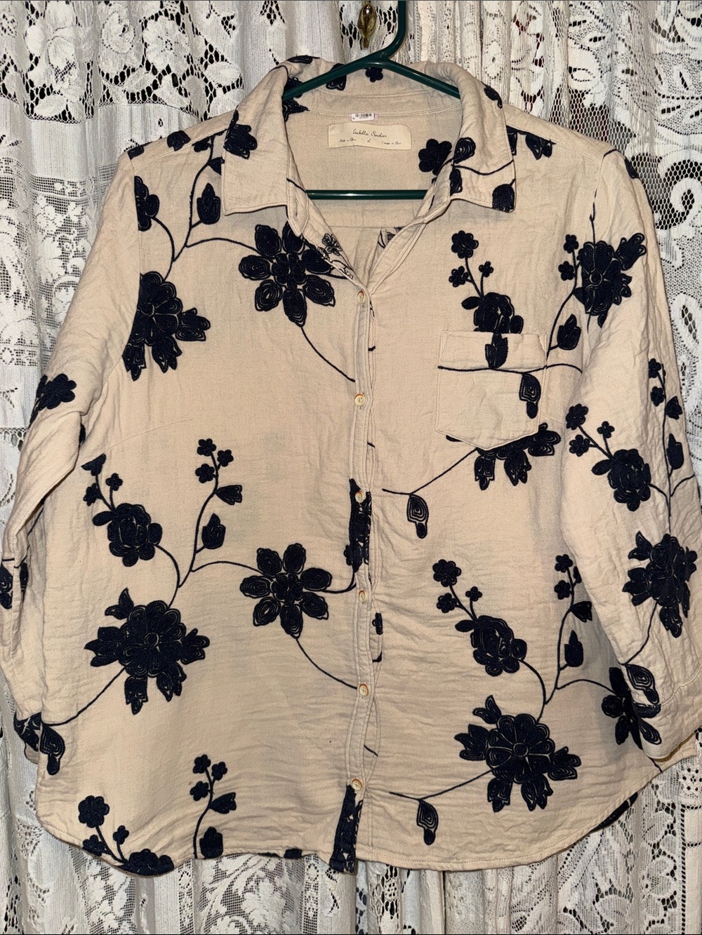 Isabella Sinclair Button-Down Shirt with Black Floral Embroidery